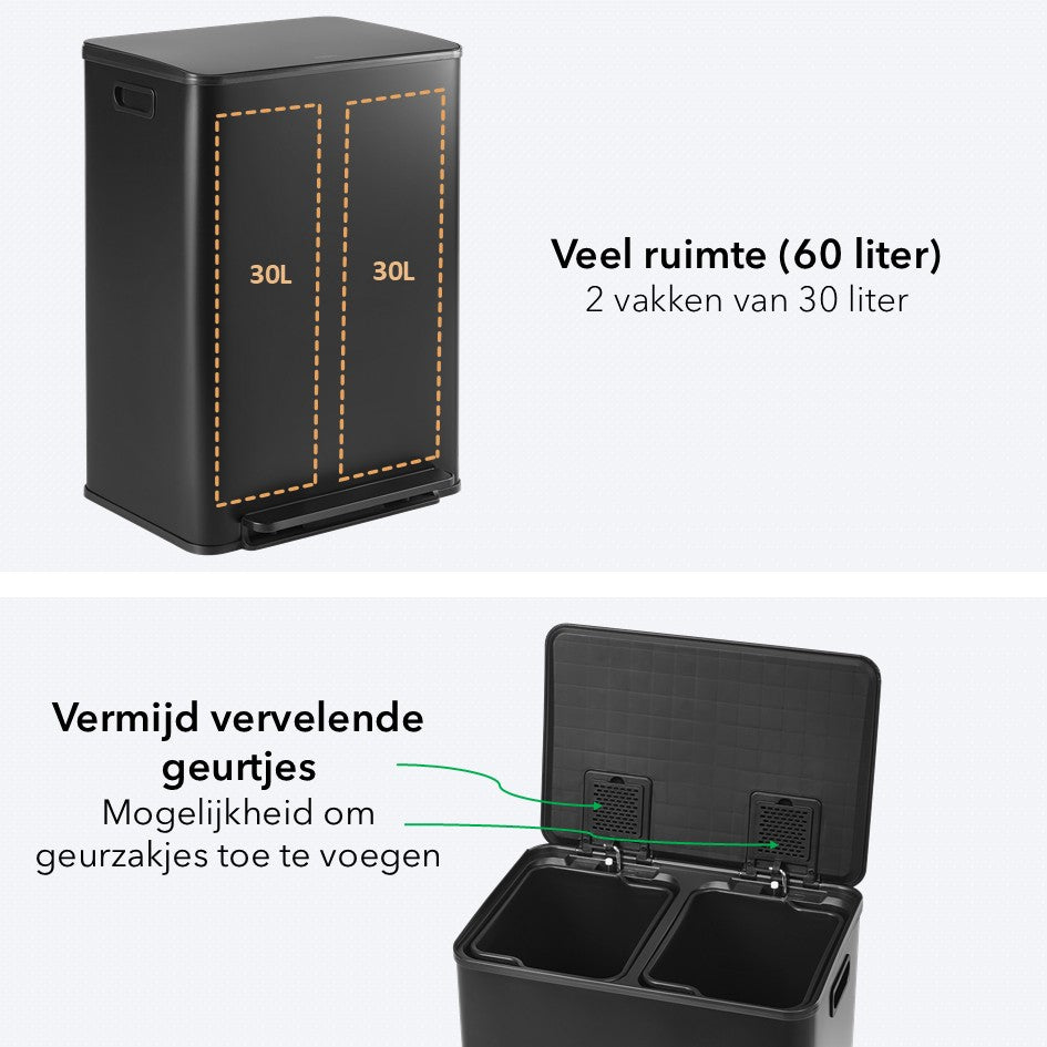 OneStep Prullenbak 60 Liter (30+30L) - 2 Vakken - Metalen Deksel