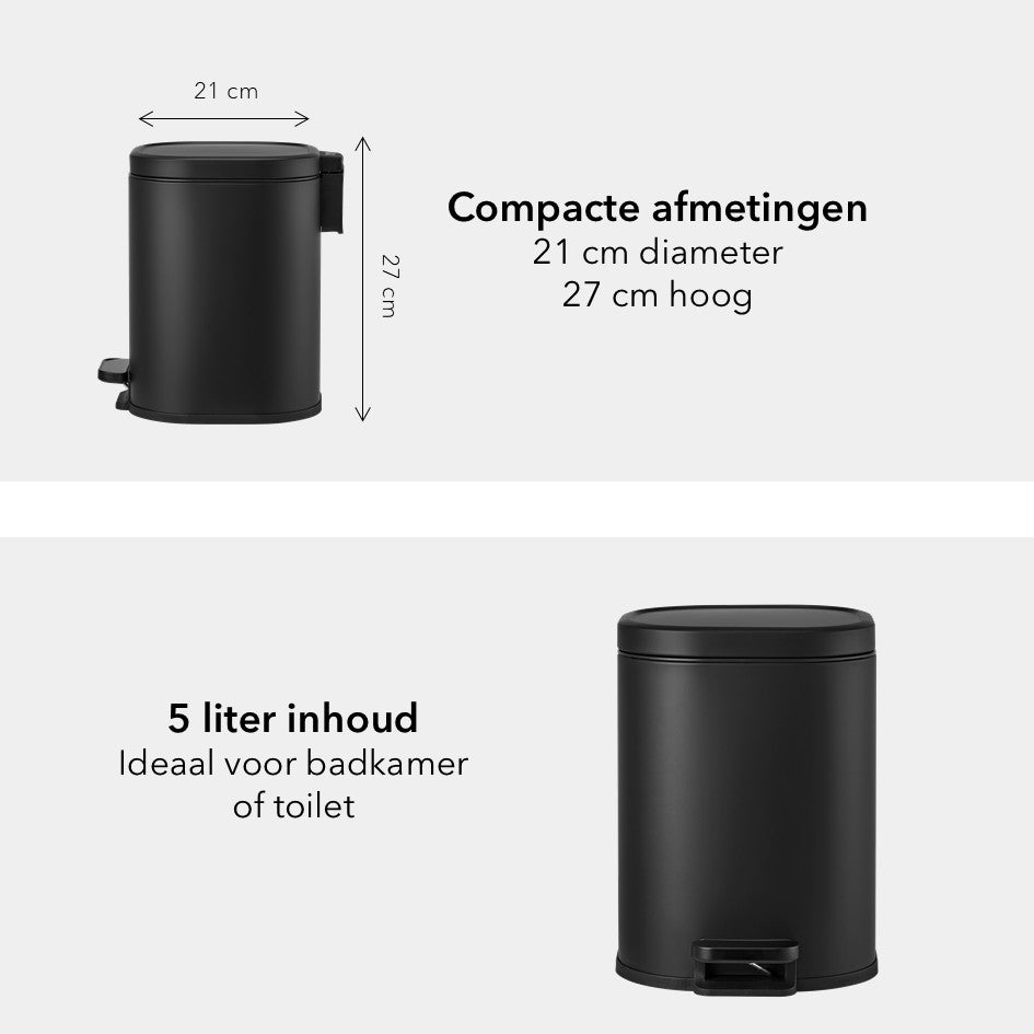 Prullenbak 5 Liter - afgerond rechthoekig - mat zwart