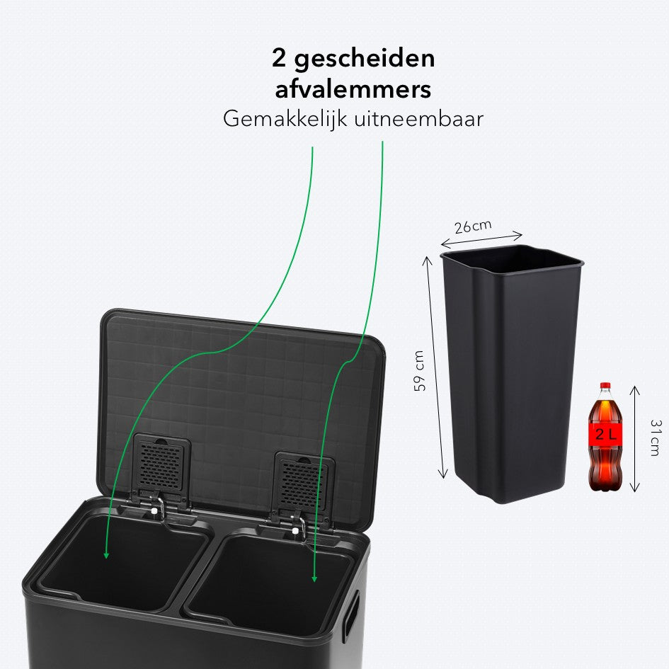 OneStep Prullenbak 60 Liter (30+30L) - 2 Vakken - Metalen Deksel