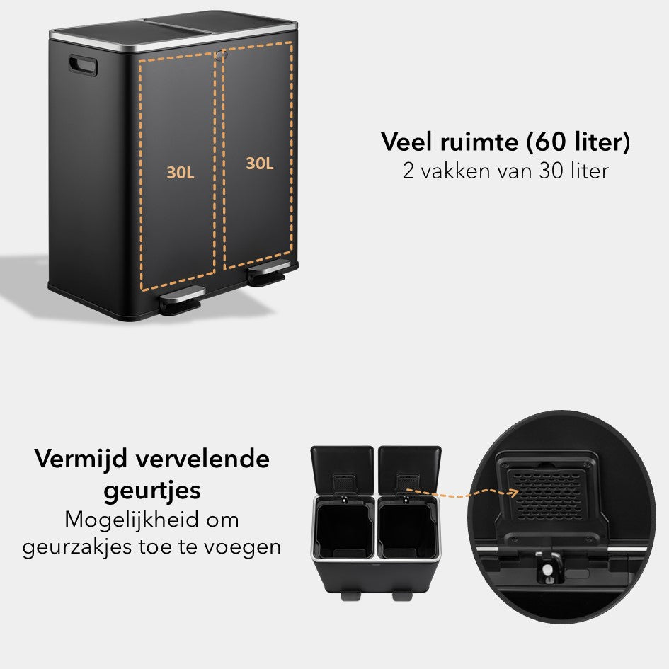 Garbiq Prullenbak 60 Liter - 2 Vakken - mat zwart