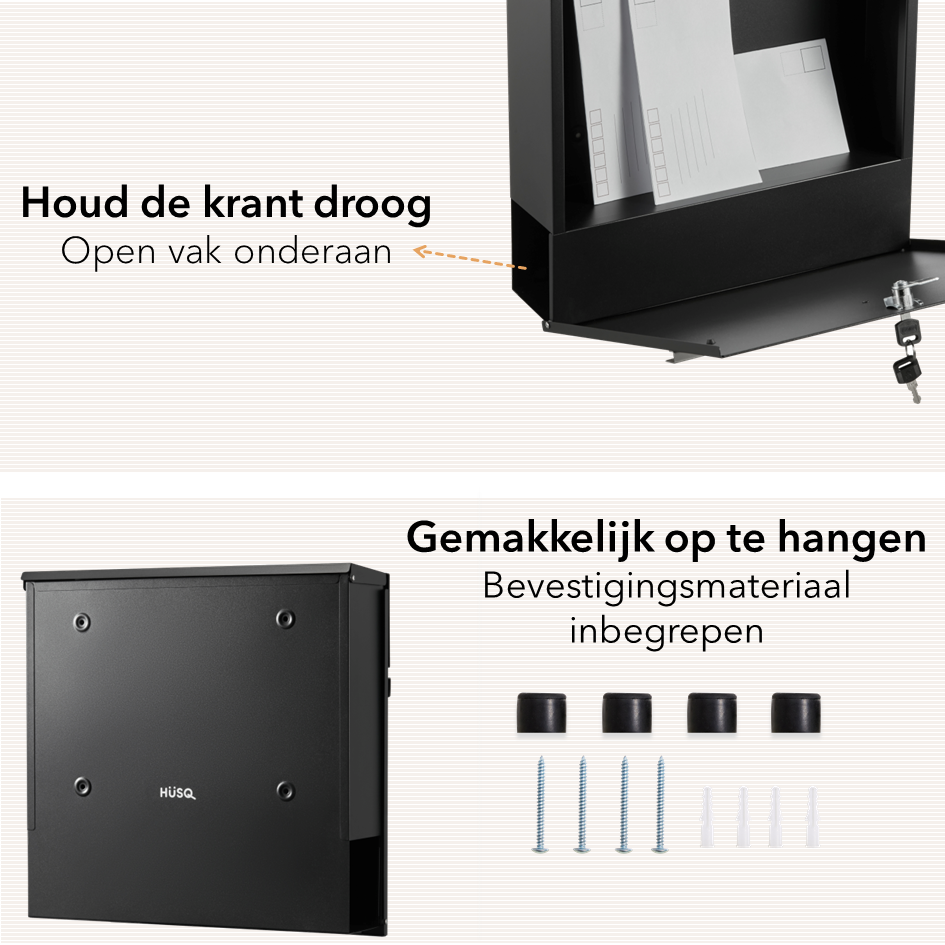 Wand Brievenbus met Slot en Krantenvak - metaal - zwart