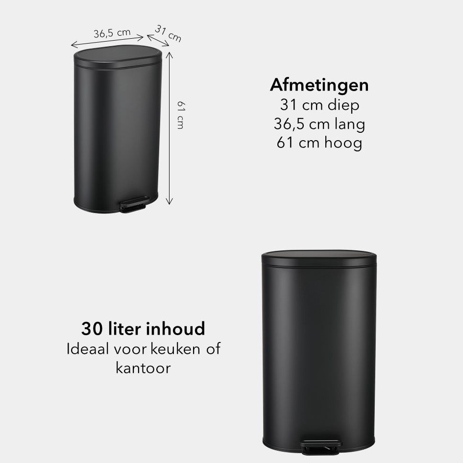 PedalMate Prullenbak 30 liter - ovaalvormig - mat zwart