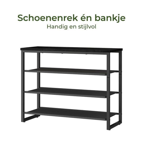Schoenenrek - Schoenenbank van 75 cm lang - houten Halbank "Full Black version" - Zwart