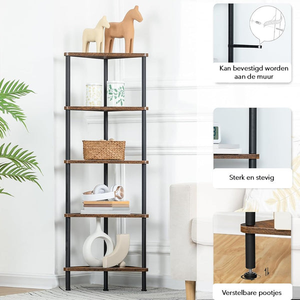 Hoekrek met 5 lagen - Boekenrek - Hout & Metaal – 30x30x115 cm