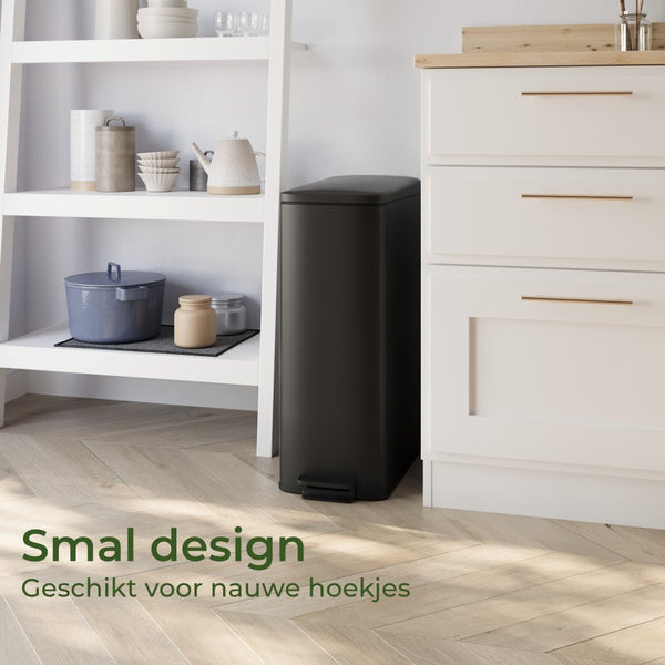 Prullenbak 30 Liter - Smalle RVS Pedaalemmer - Mat Zwart