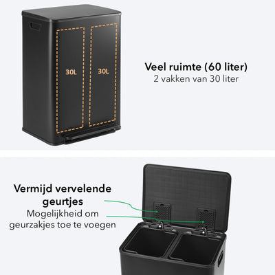 OneStep Abfalleimer 60 Liter (30 + 30 l) – 2 Fächer – Metalldeckel