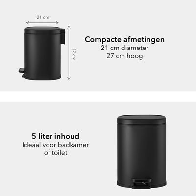Poubelle de 5 litres - Forme rectangulaire arrondie - Noir mat