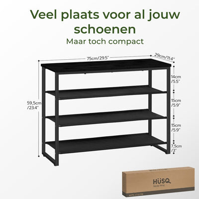 Schoenenrek - Schoenenbank van 75 cm lang - houten Halbank "Full Black version" - Zwart