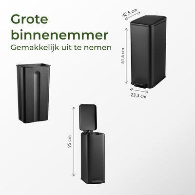 Prullenbak 30 Liter - Smalle RVS Pedaalemmer - Mat Zwart