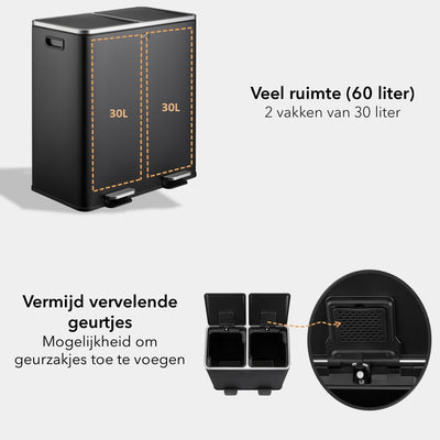 Garbiq Prullenbak 60 Liter - 2 Vakken - mat zwart
