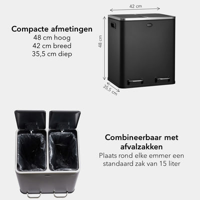 Garbiq Prullenbak 30 liter (2 x 15L) - 2 Vakken - Zwart