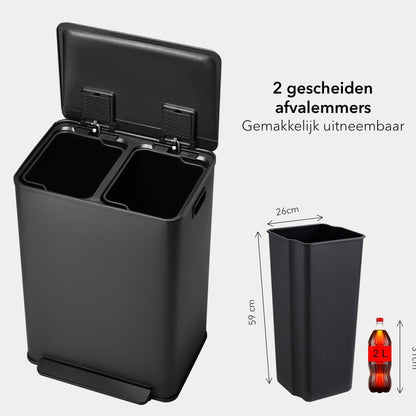 OneStep Prullenbak 60 Liter (30+30L) - Grote Pedaalemmer met 2 Vakken - Vuilnisbak in RVS - mat zwart