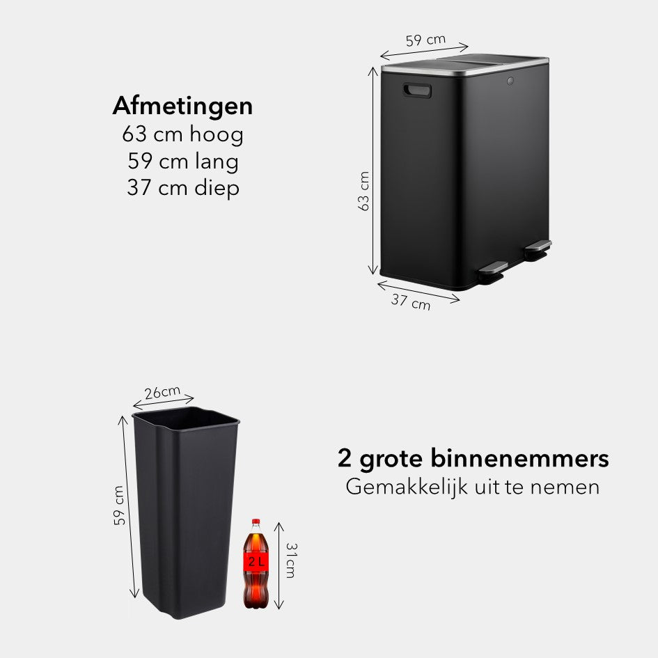 Garbiq Prullenbak 60 Liter (30+30L) - Grote Pedaalemmer in Metaal met 2 Vakken - mat zwart