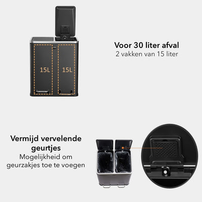 Garbiq Prullenbak 30 liter (2 x 15L) - 2 Vakken - Zwart
