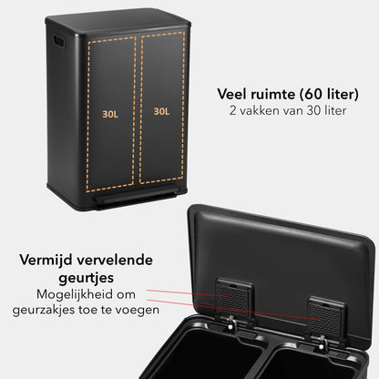 OneStep Prullenbak 60 Liter (30+30L) - Grote Pedaalemmer met 2 Vakken - Vuilnisbak in RVS - mat zwart