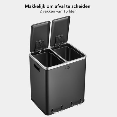 Garbiq Prullenbak 30 liter (2 x 15L) - 2 Vakken - Zwart