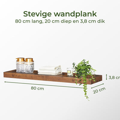 zwevende Wandplank – 80 cm lang – met montage pluggen en vijzen – Boekenplank in hout - vintage bruin