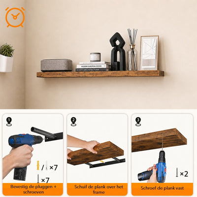 zwevende Wandplank – 80 cm lang – met montage pluggen en vijzen – Boekenplank in hout - vintage bruin