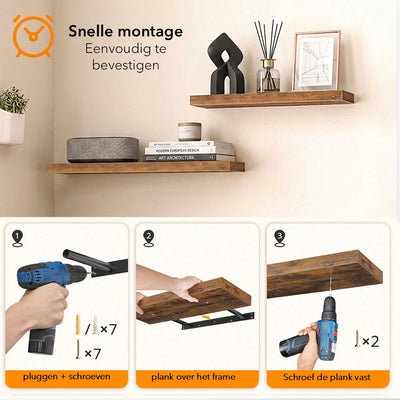 zwevende Wandplank – 60 cm lang – met montage pluggen en vijzen – Boekenplank in hout - vintage bruin (Copy)